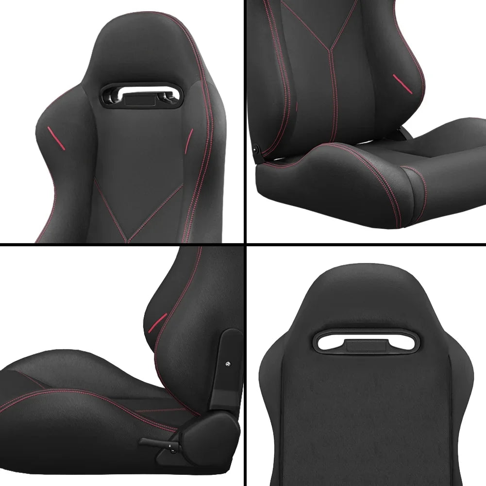 2PC Universal Bucket Racing Seats Red Stitch Red PVC Leather Reclinable Carbon Look Leather Back With Adjustor Slider (Not Including Seat Bracket )