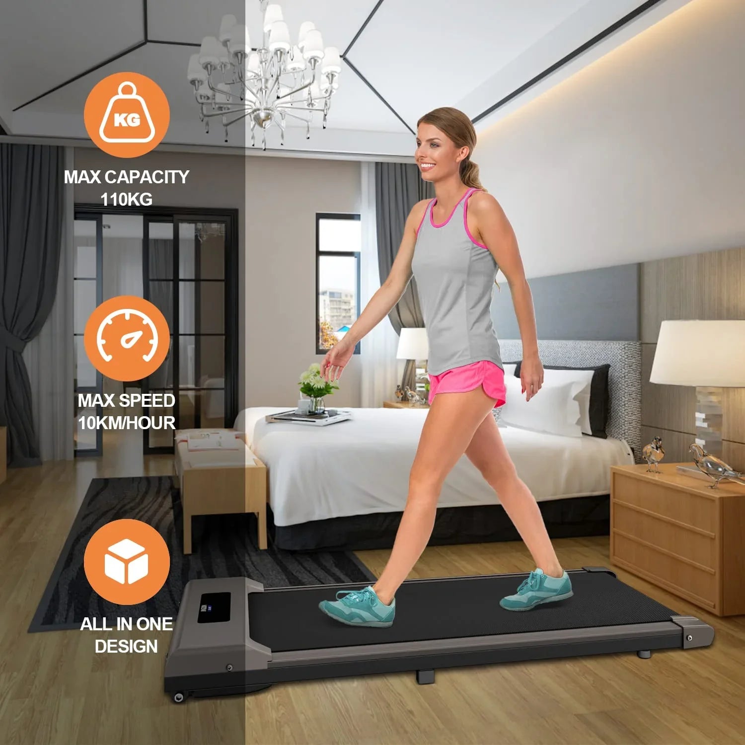 Bigzzia Under Desk Treadmill, 2.5HP Installation-Free Portable Treadmill Running Machine, 6.25MPH, Treadmill with LED Display and Wireless Remote Control for Home/Office, 265 Lb Capacity