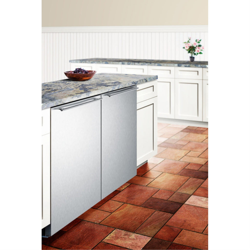 Frost-free built-in undercounter all-freezer for residential or commercial use, with stainless steel door, horizontal handle, and black cabinet