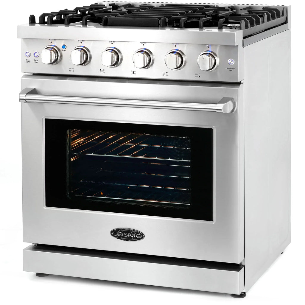 Cosmo 4 Piece Kitchen Appliance Package with 30" Freestanding Gas Range 30" Under Cabinet Range Hood 24" Built-in Integrated Dishwasher & French Door Refrigerator Kitchen Appliance Bundles