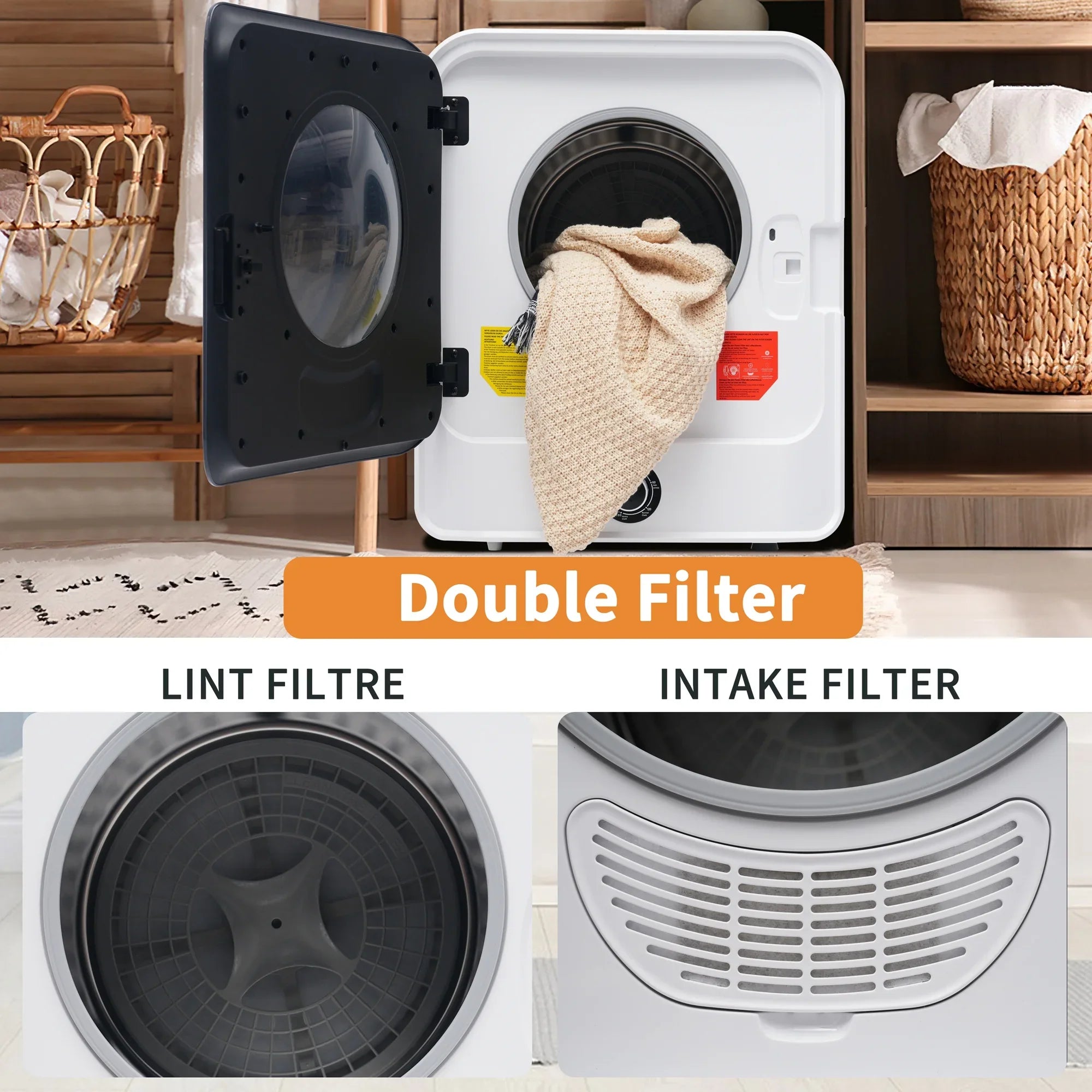 1.95 Cu.ft Front Load Clothes Dryer, Portable Compact Dryer 830W, 5 Drying Modes, Stainless Steel Drum, with Overheat Protection, Dust Removal, Deodorization and Lint Removal Functions, Black Door