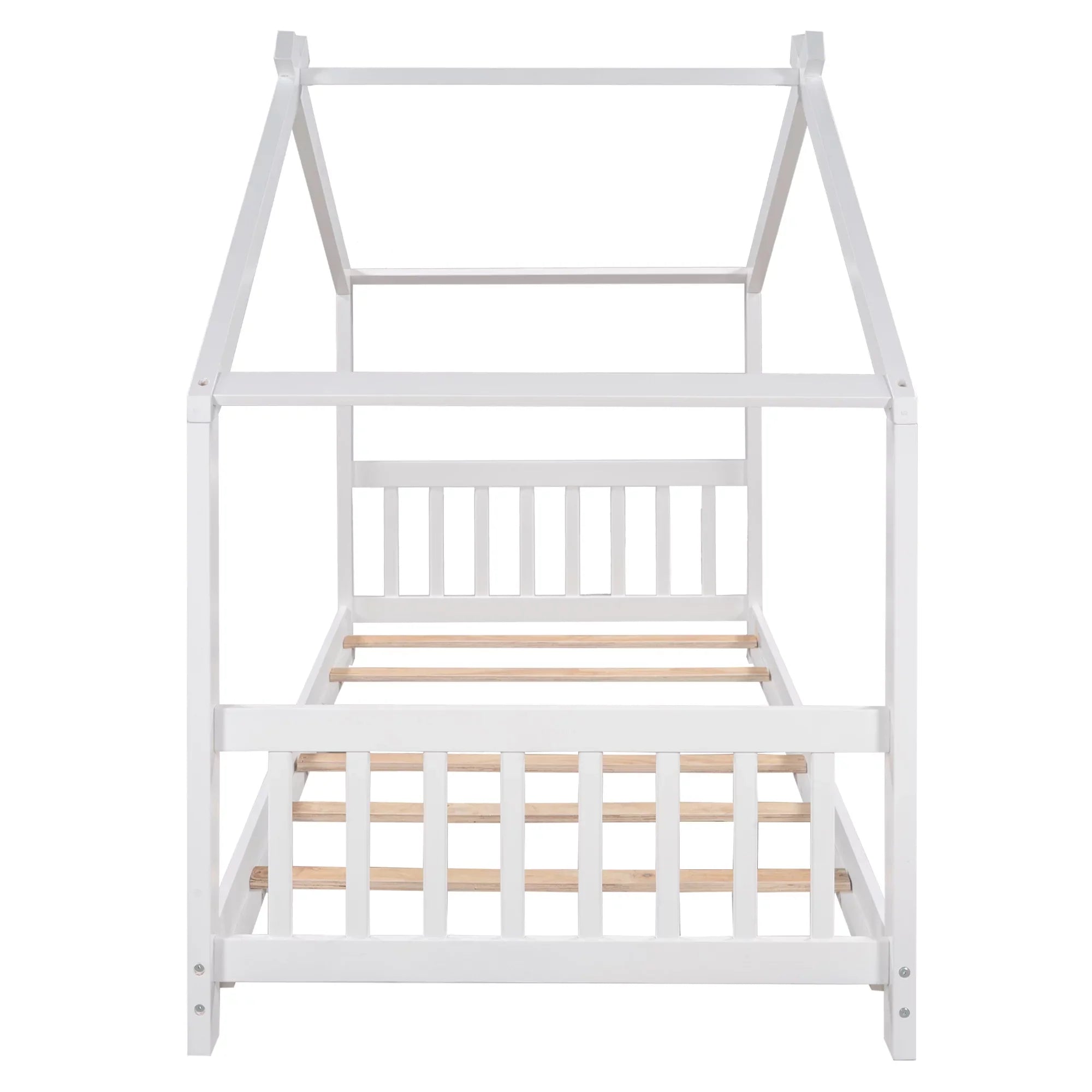 Twin Size White House Platform Bed with Roof Design Headboard and Footboard, Kids Bedroom Furniture