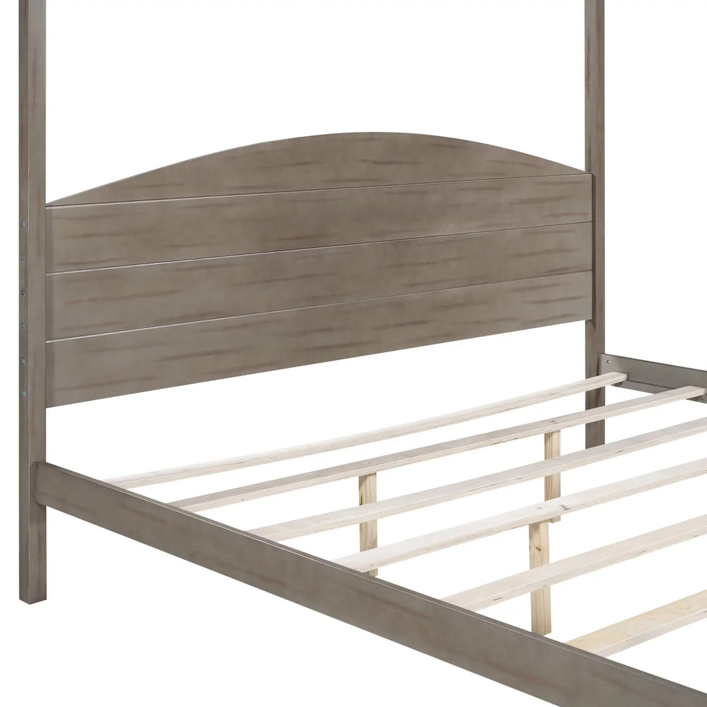 Upgrade your regal bedroom with this elegant and luxurious brown wash canopy platform king size bed. Featuring sturdy support legs and a stylish headboard this bed is the perfect additio