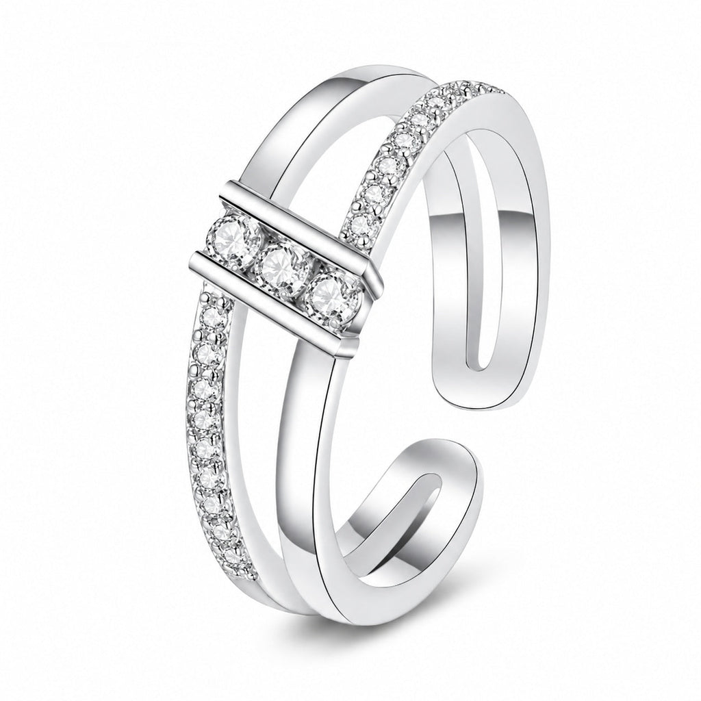 Double Split Band Bar Inlaid Clear CZ Open Adjustable Ring For Women, Copper Silver Plated Minimalist Stackable Daily Wedding Band Jewelry Gift
