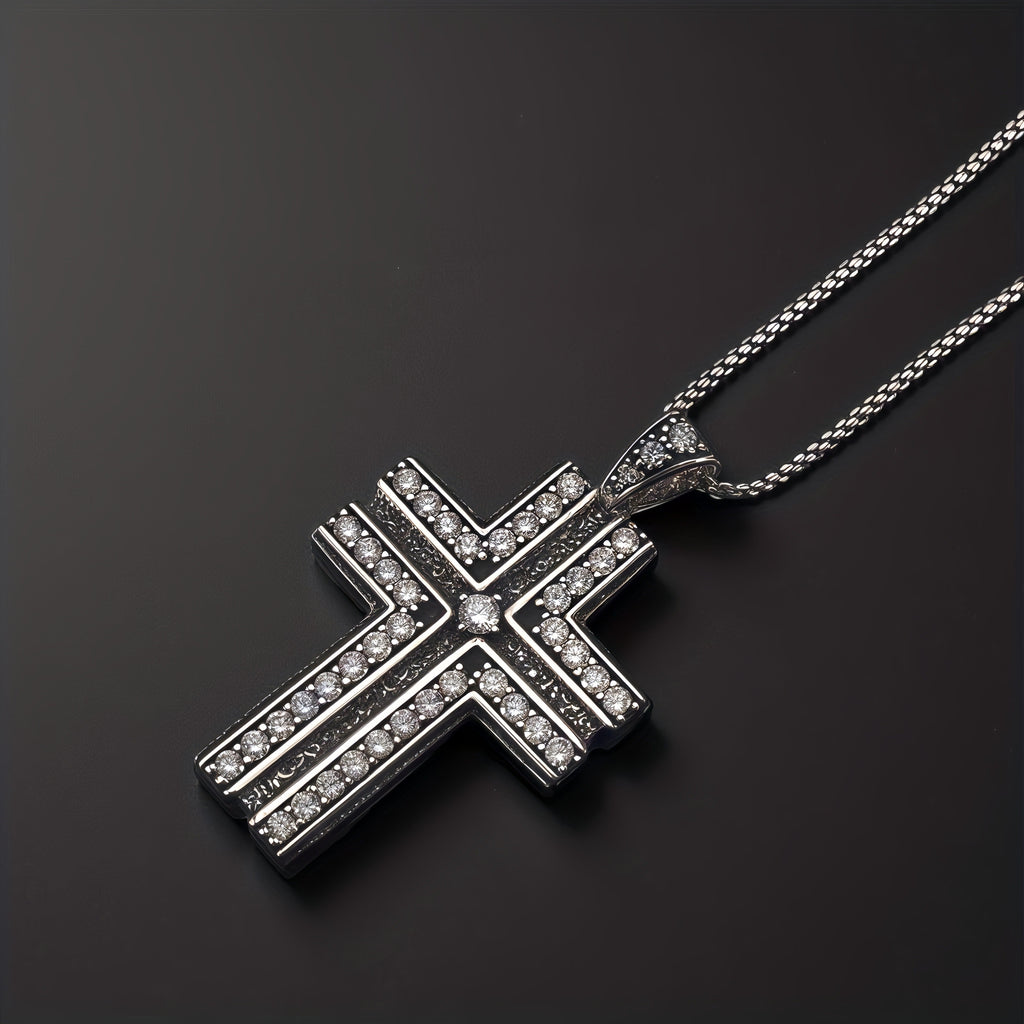 Antique Black Double Layer Cross Necklace, Copper Base Gunmetal Plated Sparkling CZ Christian Faith Pendant Jewelry
