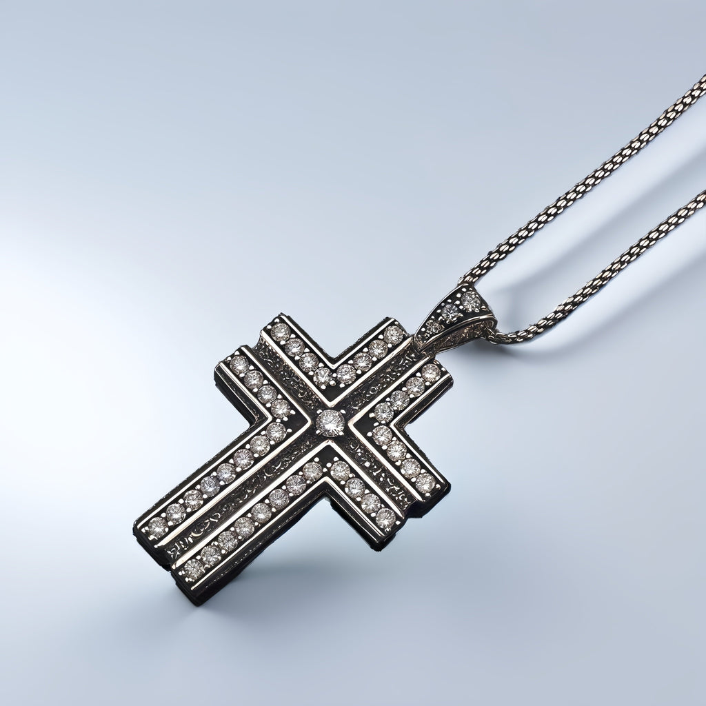 Antique Black Double Layer Cross Necklace, Copper Base Gunmetal Plated Sparkling CZ Christian Faith Pendant Jewelry