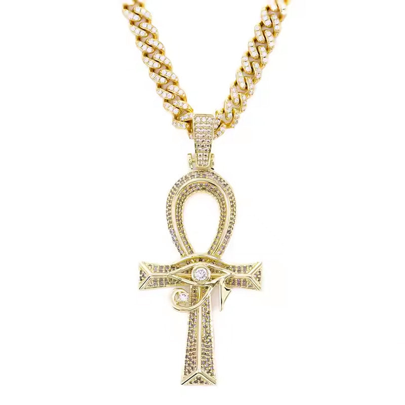 13mm Width Football Pendant Necklace,Full Diamond Eye Of Horus Cross Pendant Necklace, 3D Diamond Gold Zinc Alloy Stainless Steel Religious Zircon