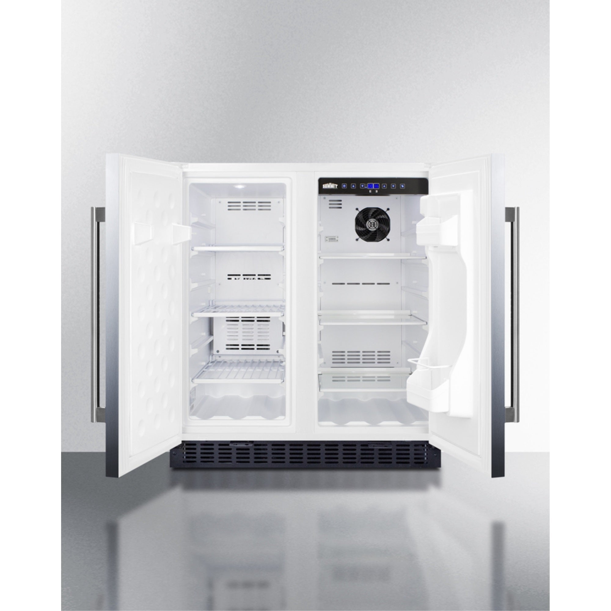 30" wide undercounter frost-free side-by-side refrigerator-freezer in stainless steel with locks, stainless steel handles, and digital controls