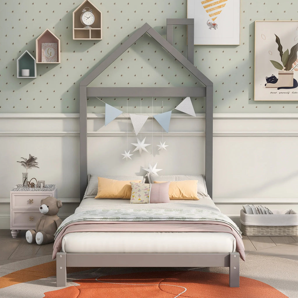 uhomepro Kids Twin Bed Frame with House Frame Headboard, Pretty Platform Bed Frame for Girls Boys, Wood Bed Frame Twin Size Bedroom Furniture with Wood Slats Support, No Box Spring Needed, Gray