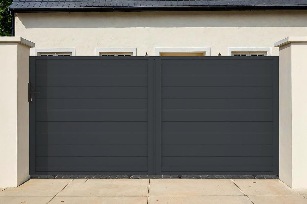 Casanoov Portail Battant EIGER 4 m 392 cm x 161 cm 6,3 m² Aluminium Gris Anthracite RAL 7016 Plein Sécurisé Intimité Jardin Extérieur Motorisable Résistant Corrosion Gonds Renforcés Inclus