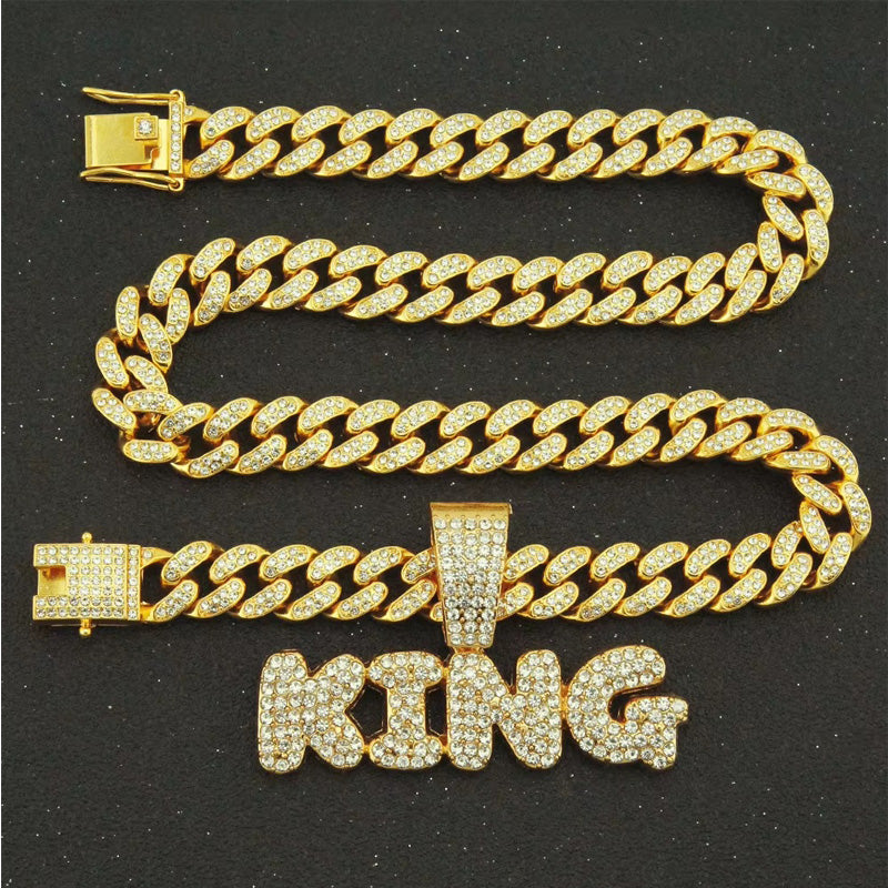 13mm Width Football Pendant Necklace,Full Diamond King Fashion Pendant Necklace, 3D Diamond Gold Zinc Alloy Stainless Steel Religious Zircon