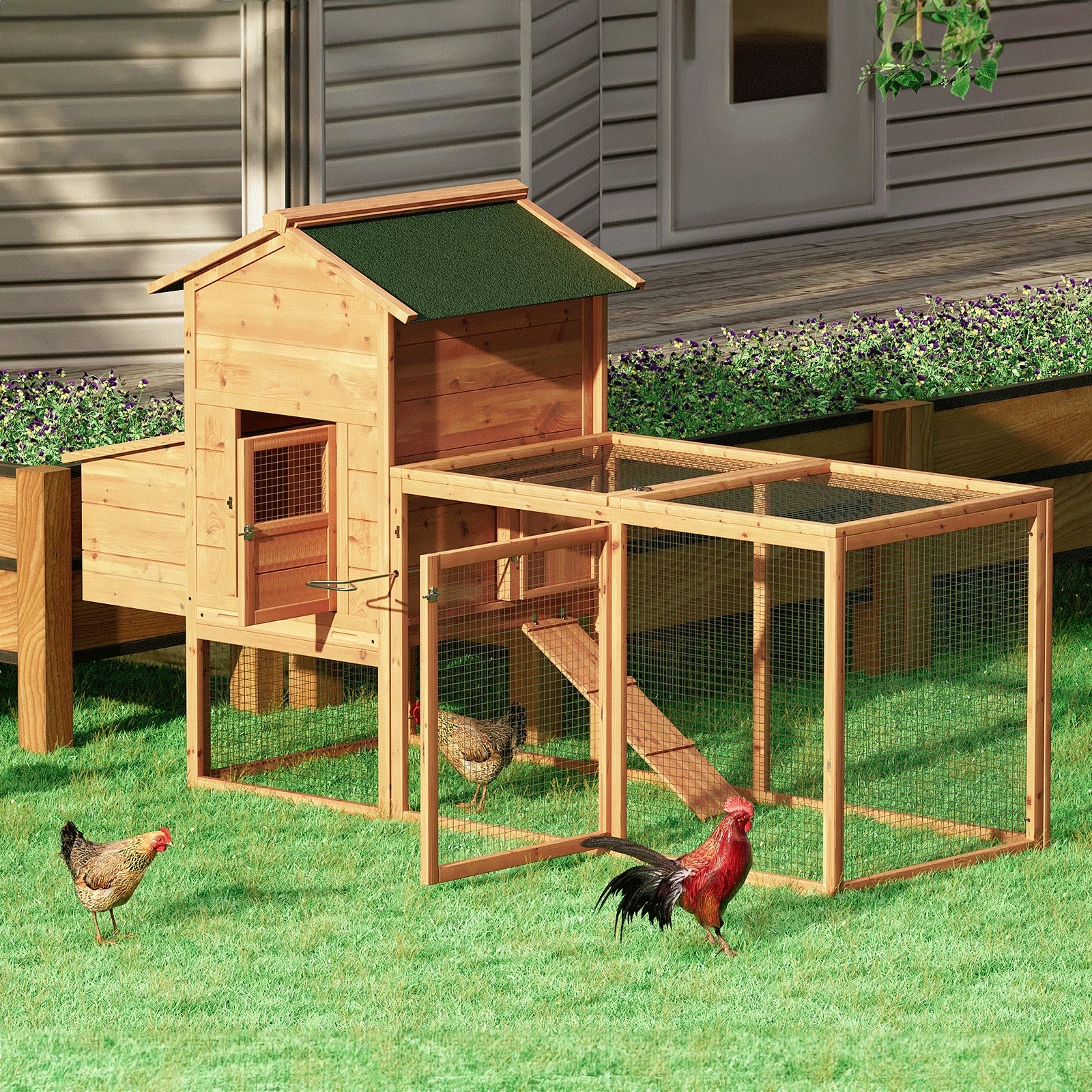 Magshion Outdoor Chicken Coop with Nesting Box, 80 inch Wooden Rabbit Hutch Poultry House with Run Cage, Slide-Out Tray and Waterproof Roof for Garden Backyard, Natural