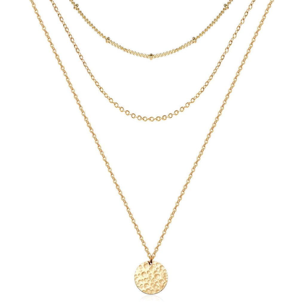 Hammered Coin Layered Necklace Set 14K Real Gold Plated Ball Chain Choker Necklace For Women