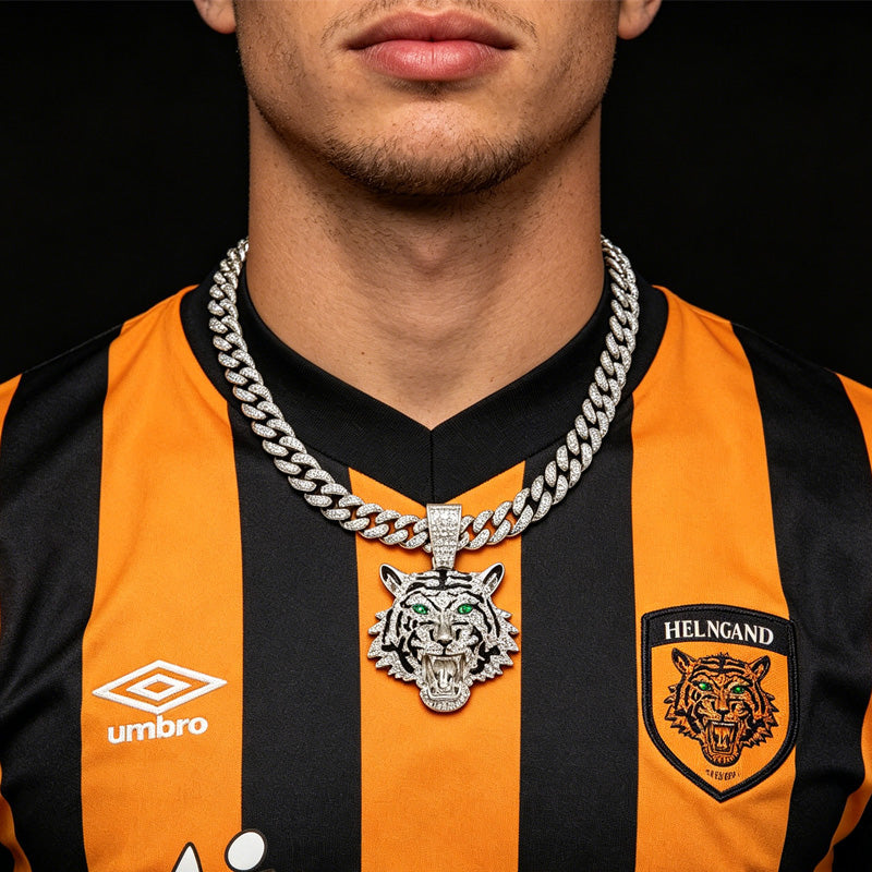 13mm Width Football Pendant Necklace,Hip Hop Green Eyes Tiger Head Pendant Necklace 3D Diamond Gold Zinc Alloy Stainless Steel Religious Zircon