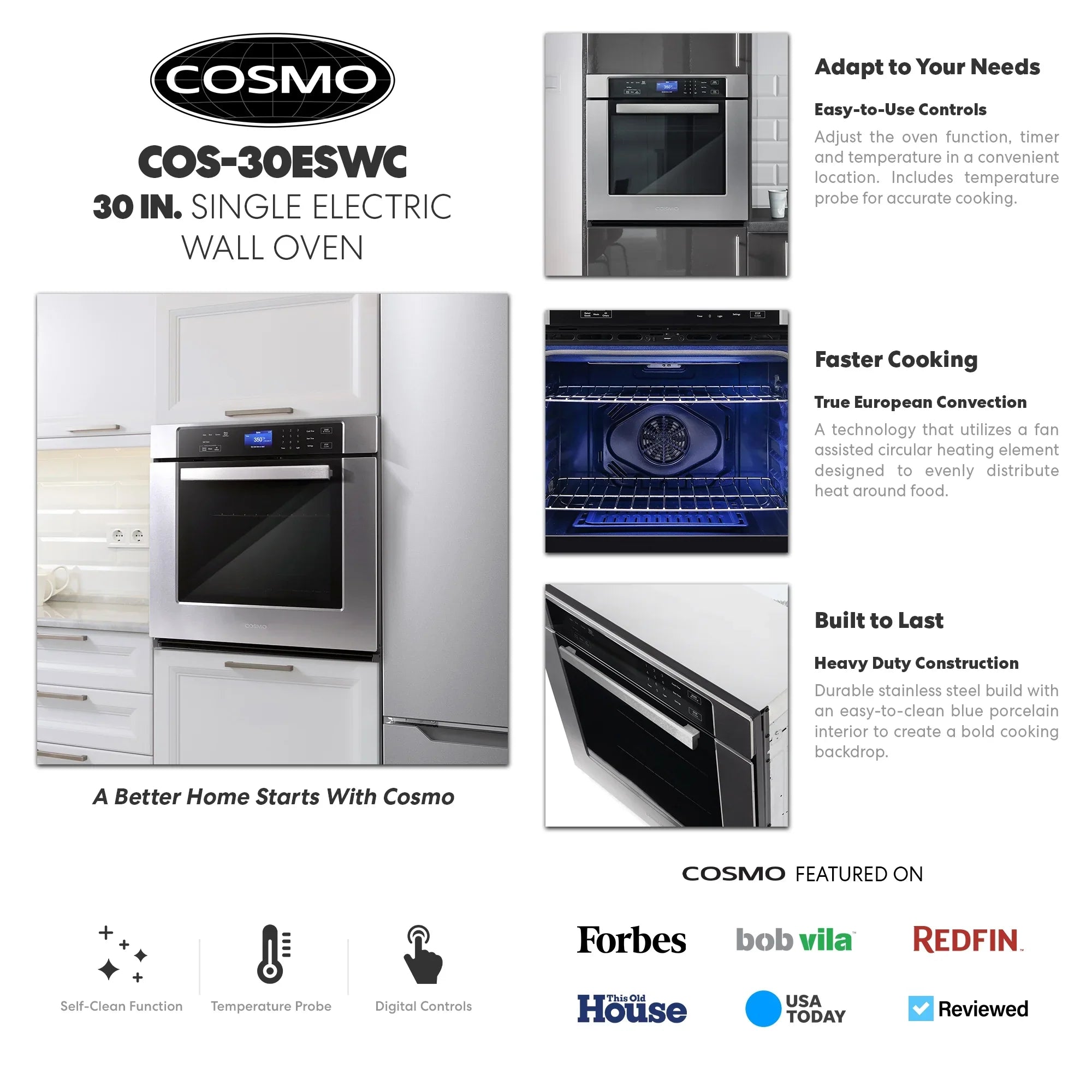 30 in. 5 cu. ft. Single Electric Wall Oven with True European Convection and Self Cleaning in Stainless Steel