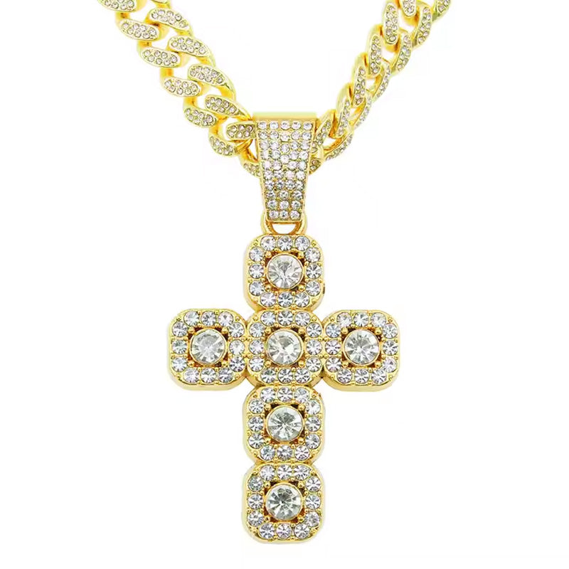 13mm Width Football Pendant Necklace,Full Diamond Cross Pendant Necklace, 3D Diamond Gold Zinc Alloy Stainless Steel Religious Zircon