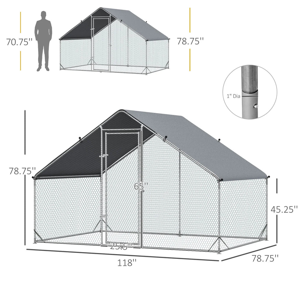 GFVCNIO Metal Coop Run with Cover Walk-In Outdoor Poultry Pen for Rabbits Ducks Large Hen House for Yard 10‘ x 6.5‘ x 6.5‘ Silver