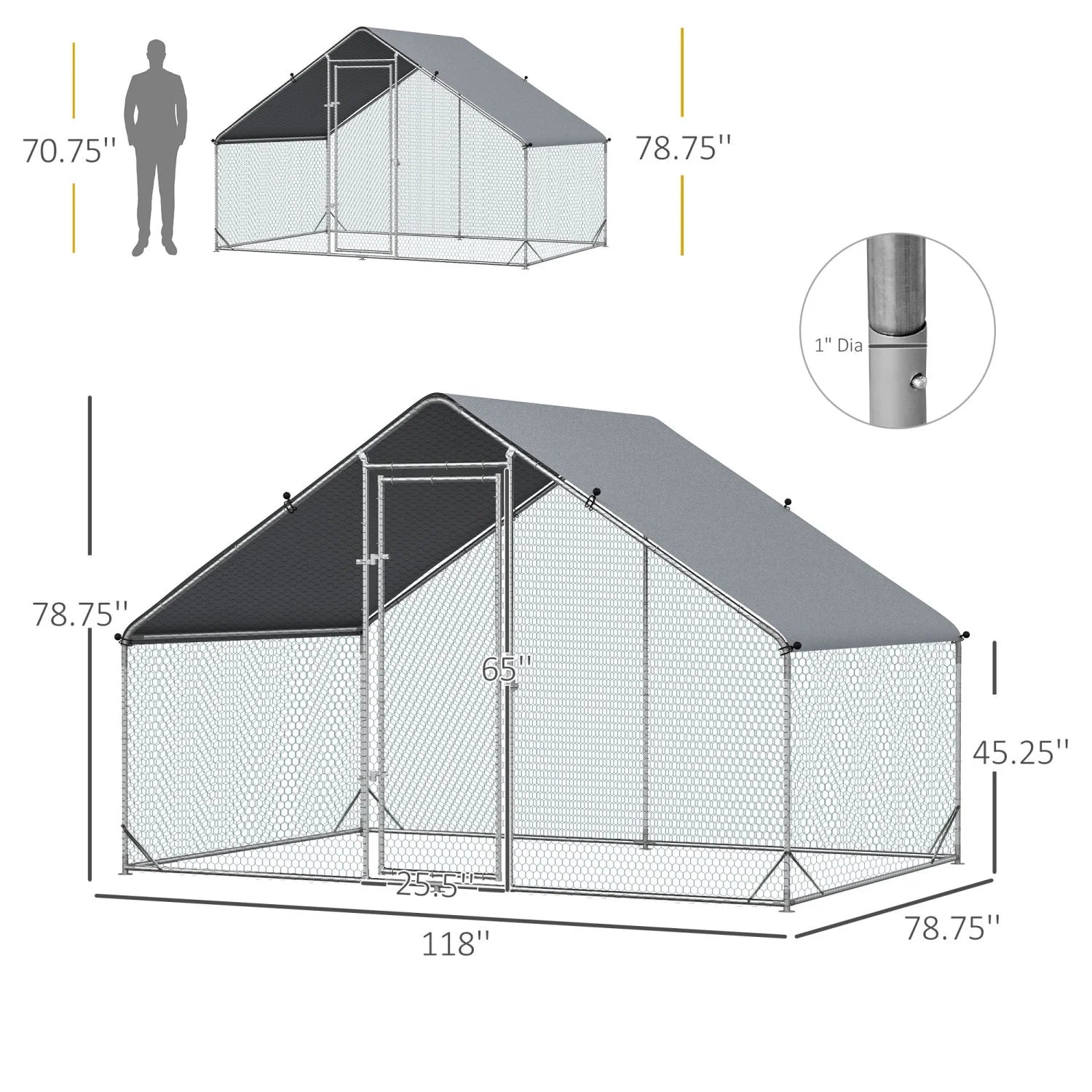 GFVCNIO Metal Coop Run with Cover Walk-In Outdoor Poultry Pen for Rabbits Ducks Large Hen House for Yard 10‘ x 6.5‘ x 6.5‘ Silver