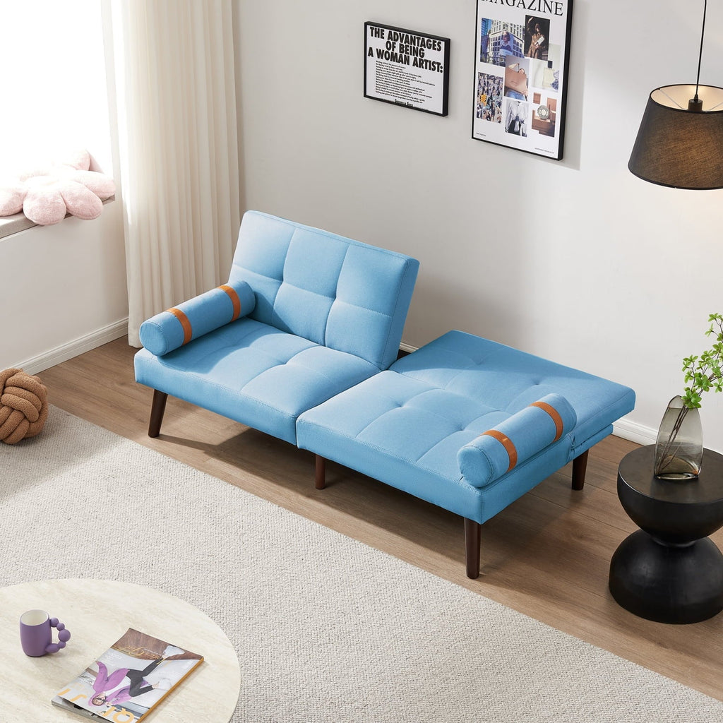 Blue Linen Modern Convertible Futon Sofa Bed with Solid Wood Legs for Versatile Sleeping Options and Stylish Living Room Decor.