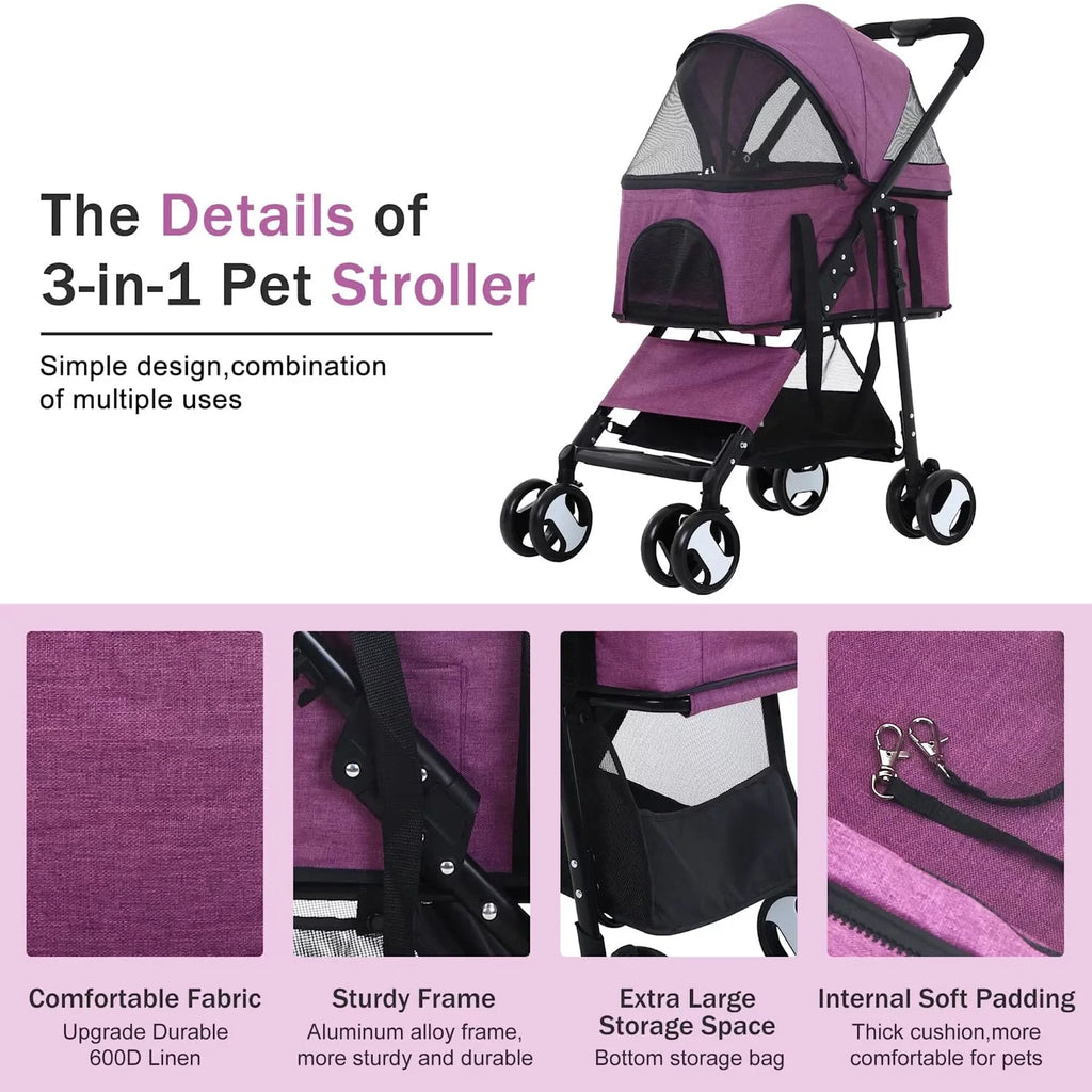 YRLLENSDAN 4 Wheels Pet Strollers for Small Dogs Jogging Stroller, Lightweight Foldable Dog Stroller for Medium Large Dogs 3-in-1 Multifunction Cat Stroller w/Detachable Carrier & Storage Basket
