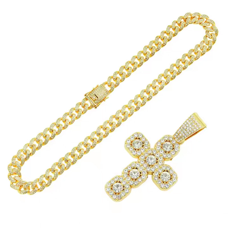 13mm Width Football Pendant Necklace,Full Diamond Cross Pendant Necklace, 3D Diamond Gold Zinc Alloy Stainless Steel Religious Zircon