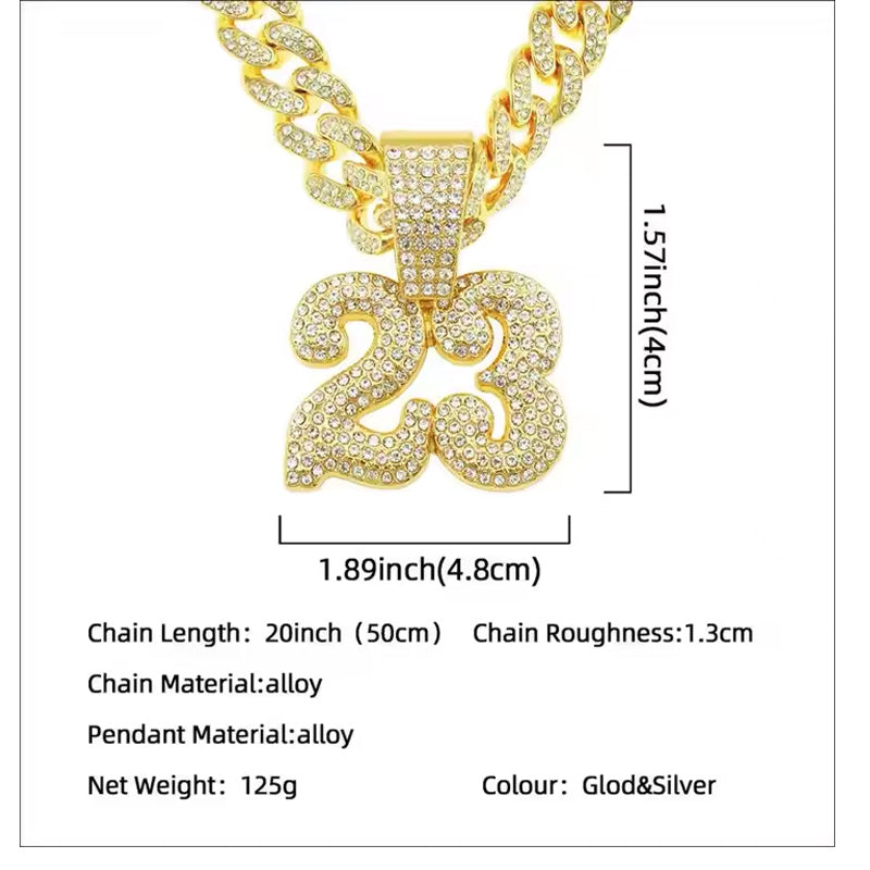 13mm Width Football Pendant Necklace,Number 23 Chain Iced Out Pendant Necklace, 3D Diamond Gold Zinc Alloy Stainless Steel Religious Zircon