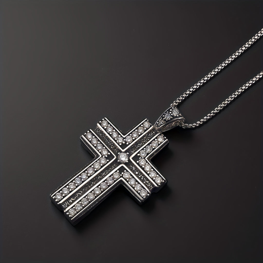 Antique Black Double Layer Cross Necklace, Copper Base Gunmetal Plated Sparkling CZ Christian Faith Pendant Jewelry