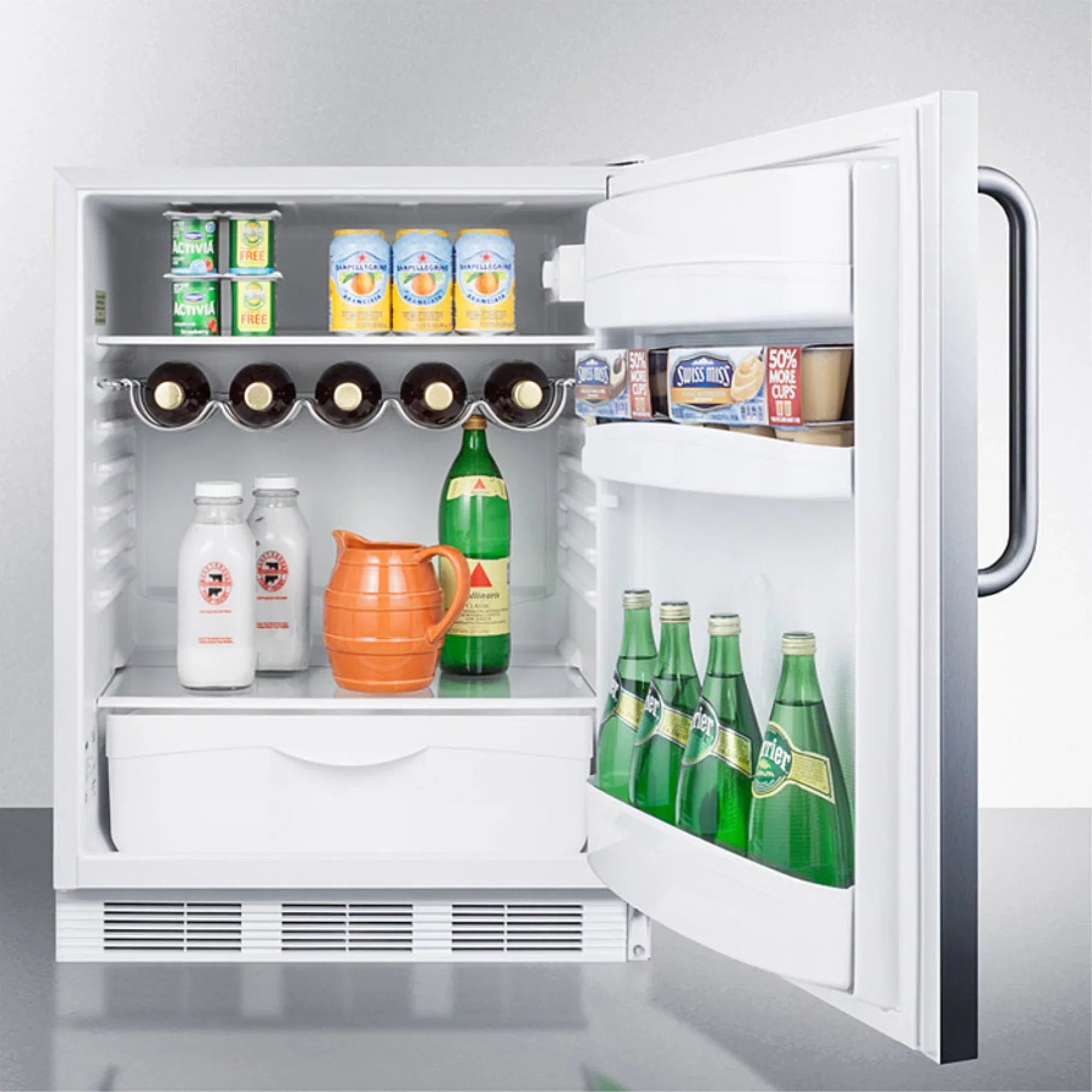 Built-in undercounter all-refrigerator for residential use, auto defrost with a stainless steel wrapped door, towel bar handle, and white cabinet
