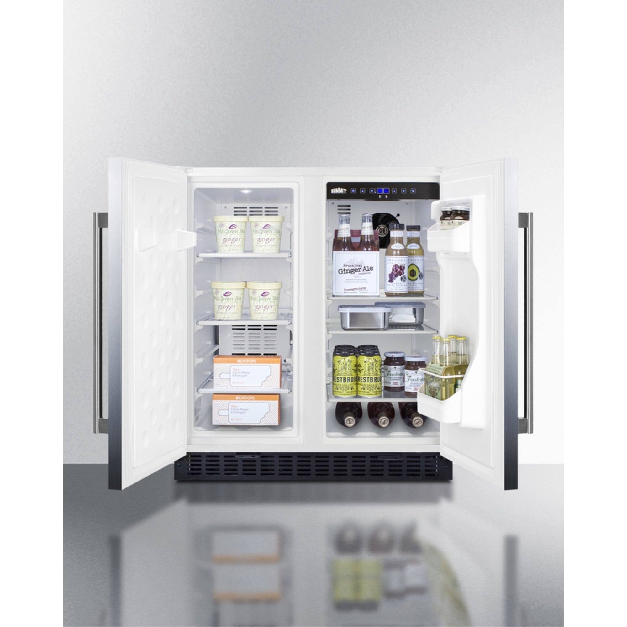 30" wide undercounter frost-free side-by-side refrigerator-freezer in stainless steel with locks, stainless steel handles, and digital controls