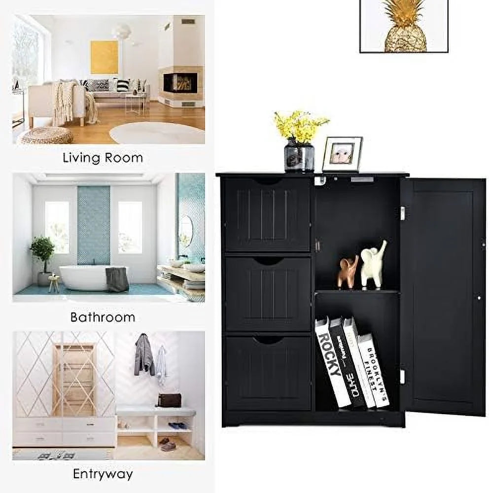 xrboomlife Bathroom Floor Cabinet Wooden Cabinet with 1 Door & 3 Drawer Free Standing Entryway Cupboard Spacesaver Cabinet