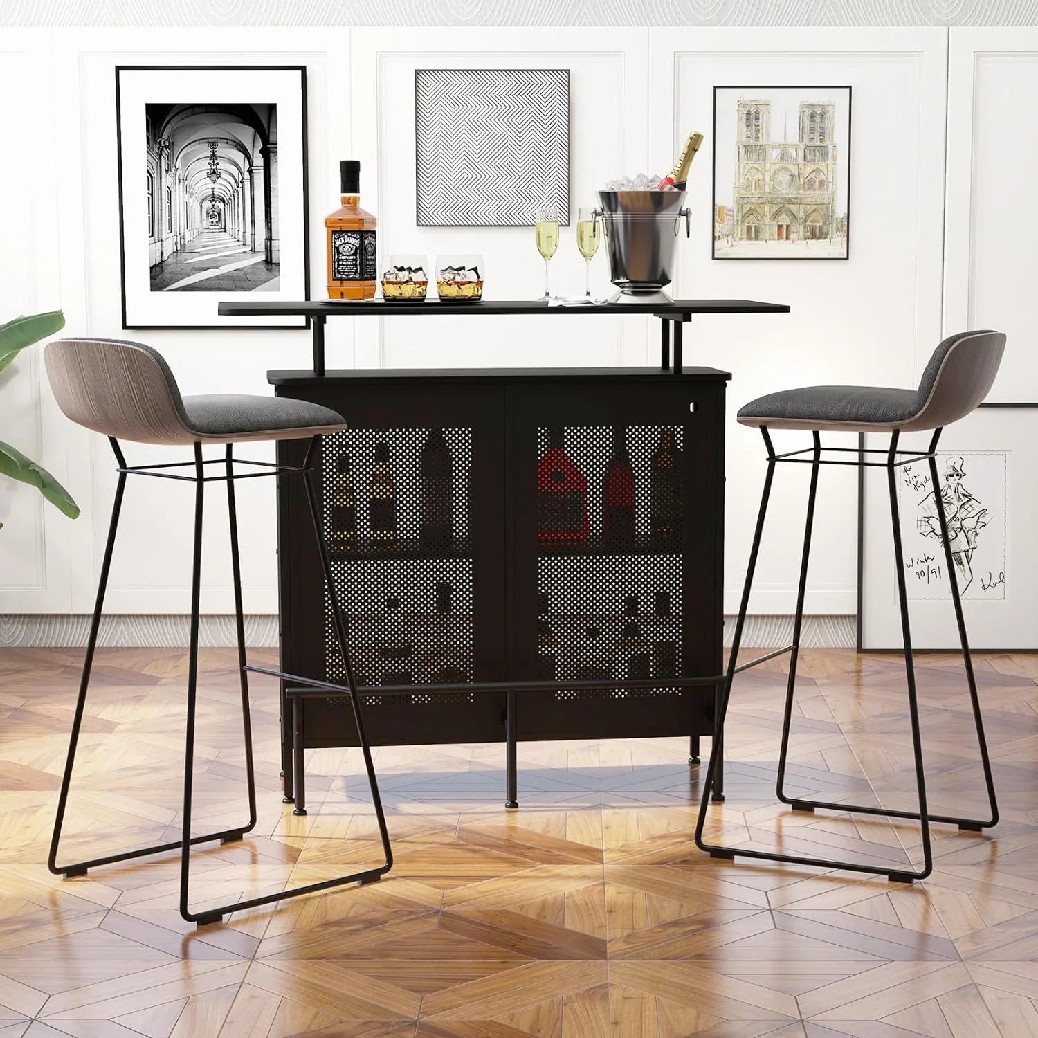 FJU 4-Tier Home Bar Unit, Home Bar Cabinet w/ 2 Wine Storage Shelves & 6 Stemware Holders, Metal Front & Footrest, 7 Adjustable Feet, Industrial Metal Wine Bar Table for Kitchen, Pub, Black