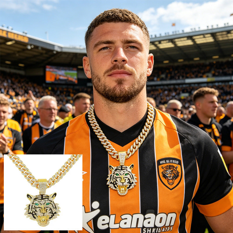 13mm Width Football Pendant Necklace,Hip Hop Green Eyes Tiger Head Pendant Necklace 3D Diamond Gold Zinc Alloy Stainless Steel Religious Zircon