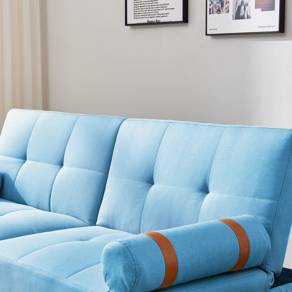 Blue Linen Modern Convertible Futon Sofa Bed with Solid Wood Legs for Versatile Sleeping Options and Stylish Living Room Decor.