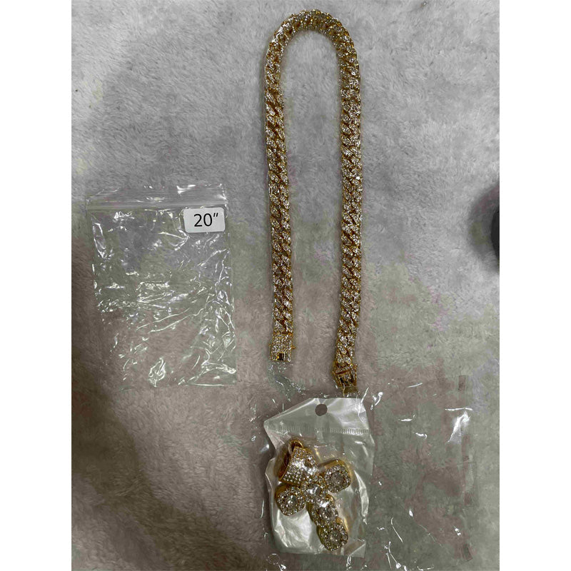 13mm Width Football Pendant Necklace,Full Diamond Cross Pendant Necklace, 3D Diamond Gold Zinc Alloy Stainless Steel Religious Zircon