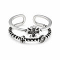 Antique Oxidized Silver Double Band Cross Beaded Open Adjustable Ring For Women Men, Copper Plated Clear CZ Gothic Punk Stackable Biker Jewelry Gift