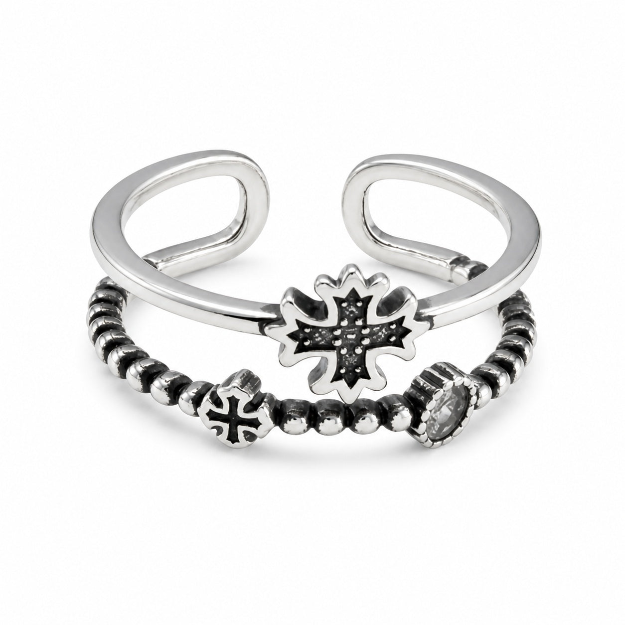 Antique Oxidized Silver Double Band Cross Beaded Open Adjustable Ring For Women Men, Copper Plated Clear CZ Gothic Punk Stackable Biker Jewelry Gift