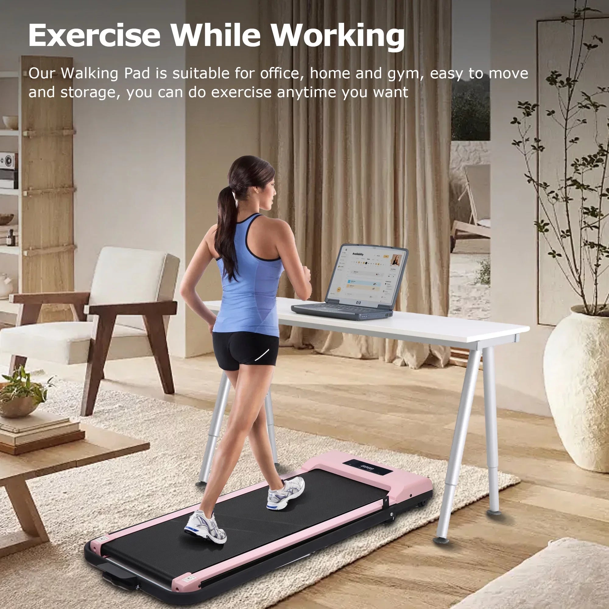 BITOUSHI Treadmill Under Desk Walking Pad 2 in 1, 3.0HP Portable Small Treadmill for Office & Home, Ultra Quiet & Installation-Free with Remote Control, LED Display, 220 Lb Capacity - Pink