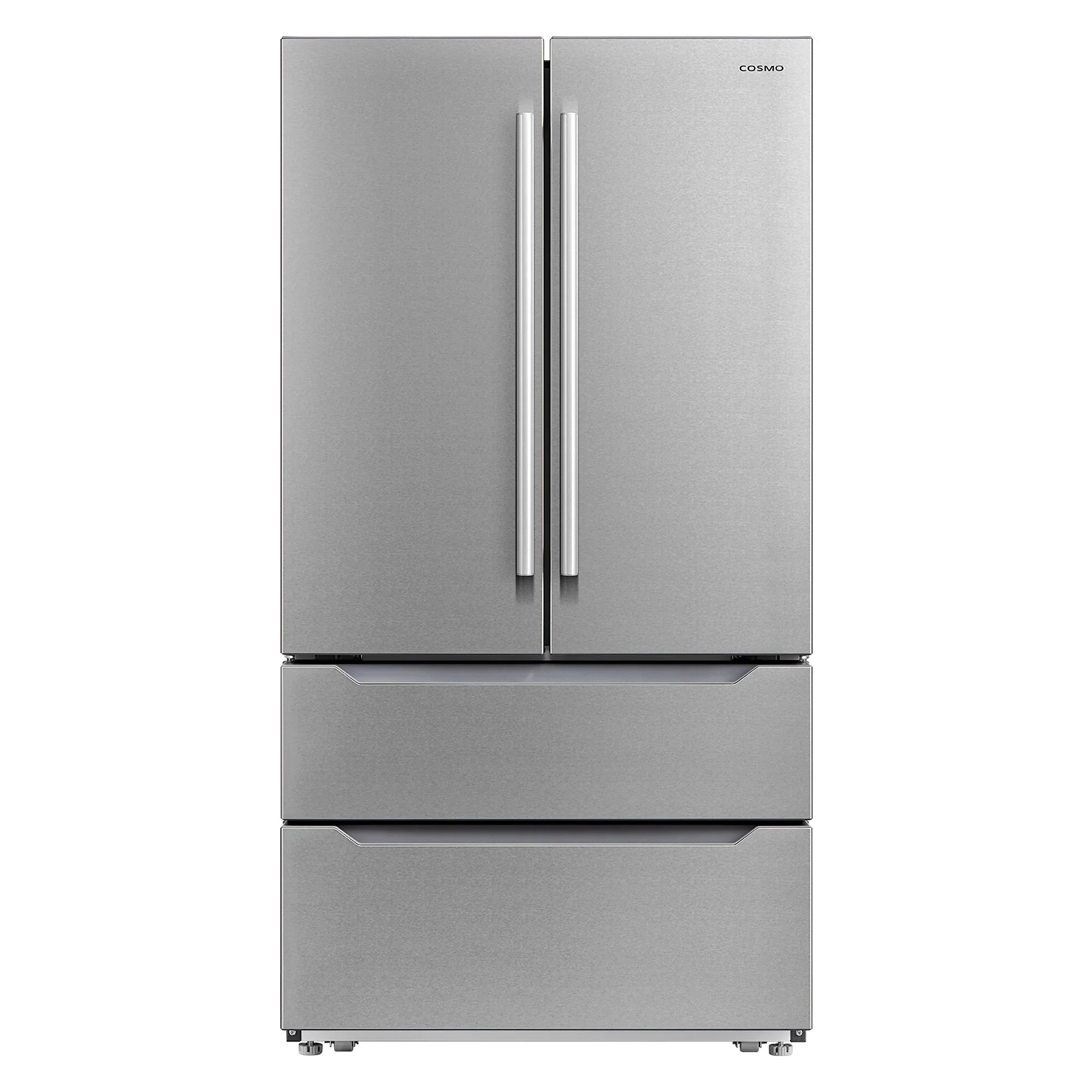 Cosmo 4 Piece Kitchen Appliance Package with 36" Freestanding Gas Range 36" Under Cabinet Range Hood 24" Built-in Integrated Dishwasher & French Door Refrigerator Kitchen Appliance Bundles