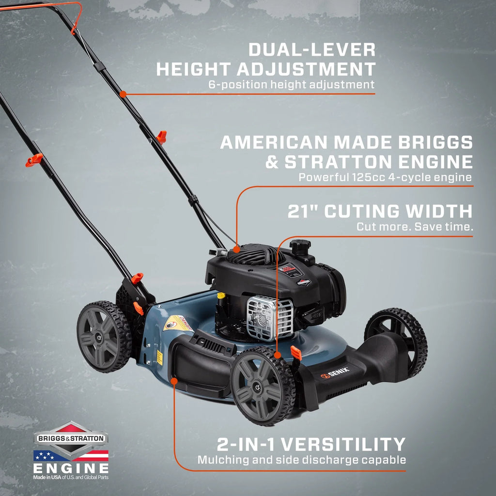 SENIX 21-Inch Push Lawn Mower, 125 cc 4-Cycle Gas Powered, Mulch & Side Discharge, Dual Lever Height Adjustment, LSPG-M3