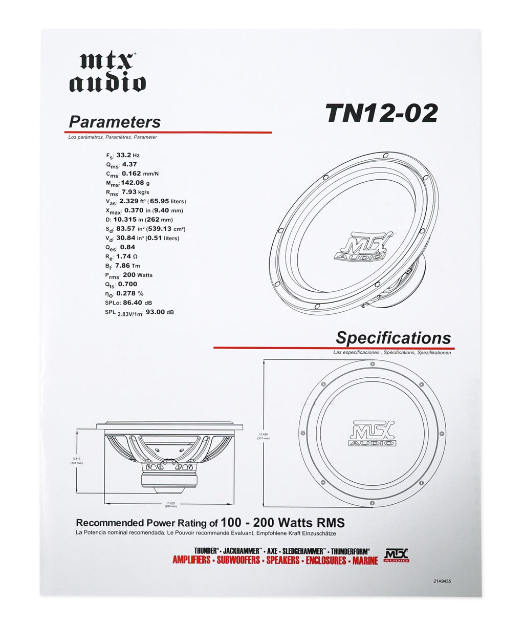 (2) MTX Audio Terminator TN12-02 12” 800 Watt 2 Ohm Car Subwoofers Subs