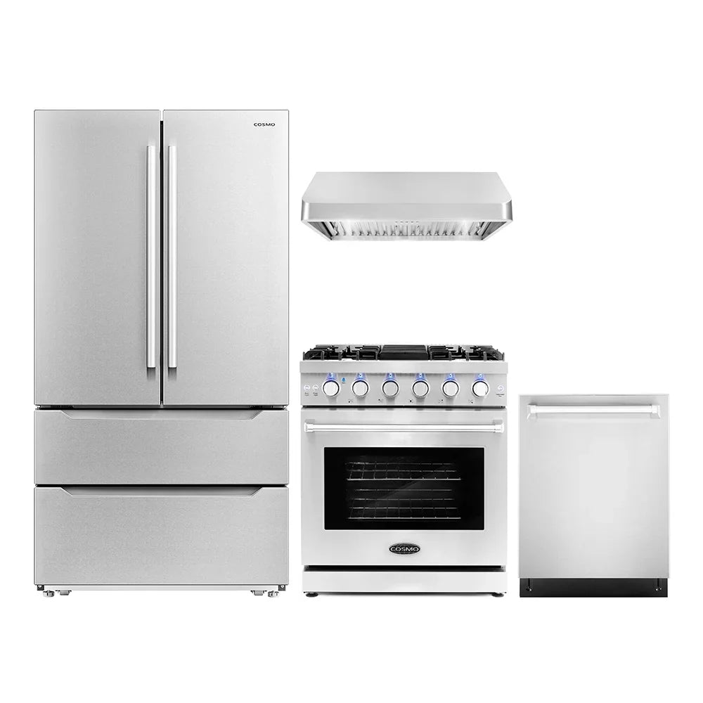 Cosmo 4 Piece Kitchen Appliance Package with 30" Freestanding Gas Range 30" Under Cabinet Range Hood 24" Built-in Integrated Dishwasher & French Door Refrigerator Kitchen Appliance Bundles