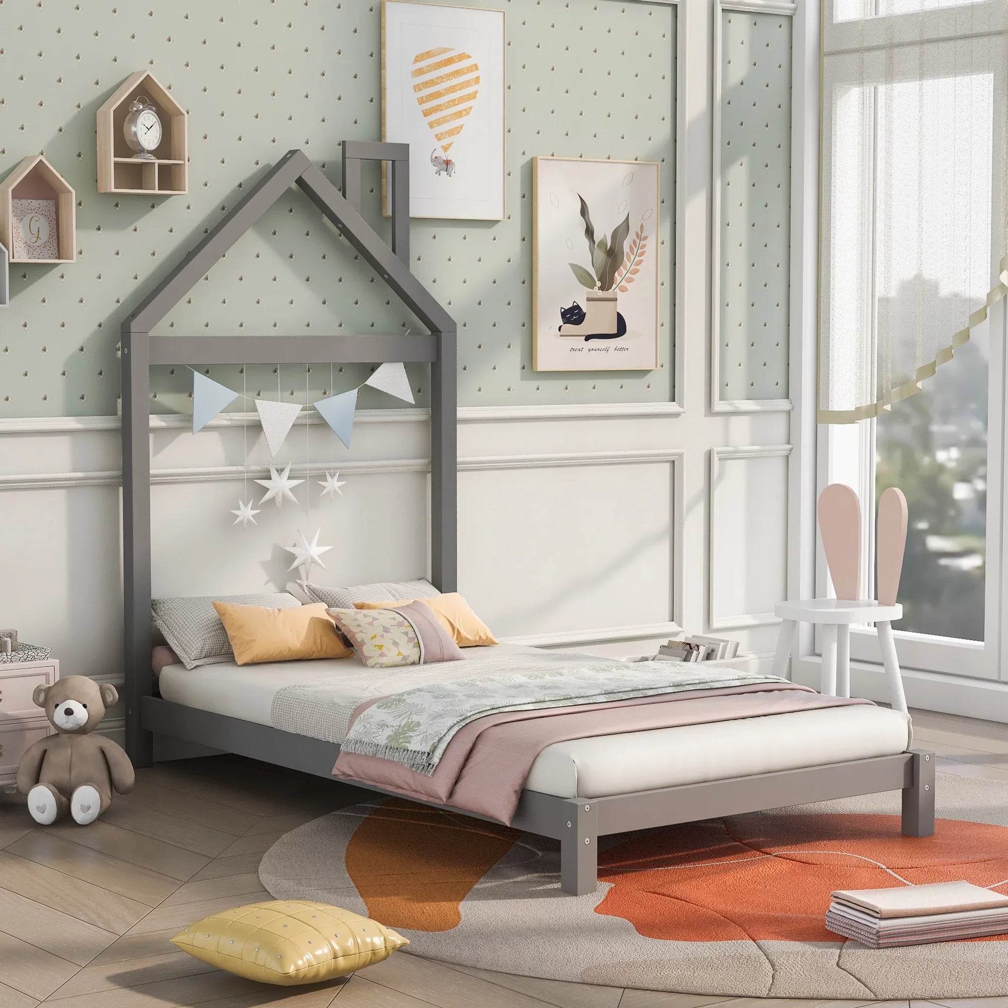 uhomepro Kids Twin Bed Frame with House Frame Headboard, Pretty Platform Bed Frame for Girls Boys, Wood Bed Frame Twin Size Bedroom Furniture with Wood Slats Support, No Box Spring Needed, Gray