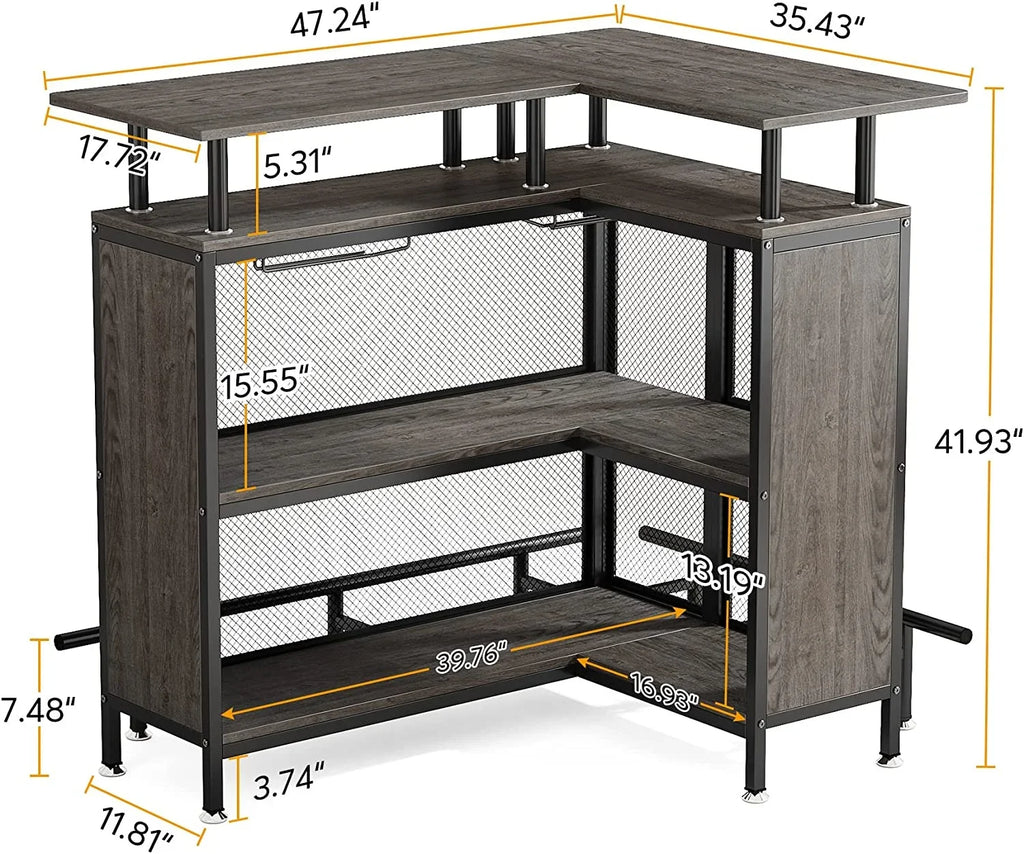 FJU Home Bar Unit, L-shaped Bar Table with Stemware Racks and 2-tier Shelves, Corner Mini Coffee Liquor Cabinet with Footrest for Home/Kitchen/Pub, Gray
