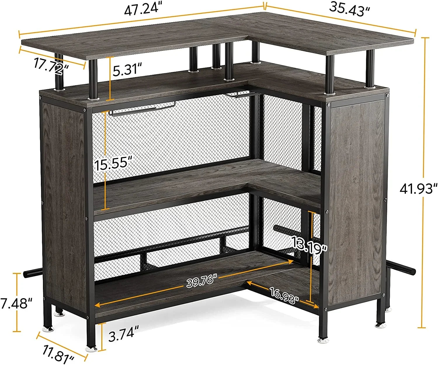 FJU Home Bar Unit, L-shaped Bar Table with Stemware Racks and 2-tier Shelves, Corner Mini Coffee Liquor Cabinet with Footrest for Home/Kitchen/Pub, Gray