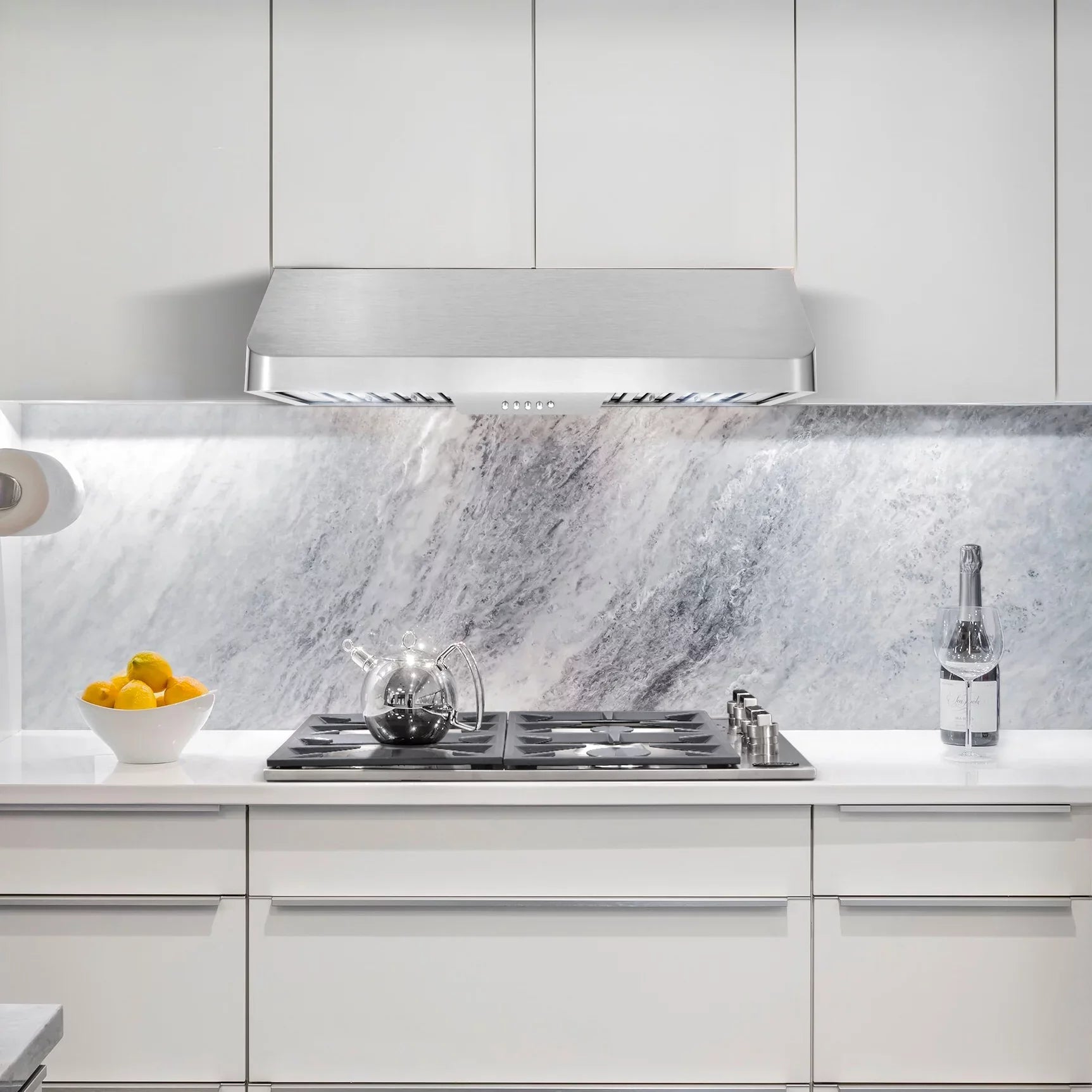 Cosmo 4 Piece Kitchen Appliance Package with 30" Freestanding Gas Range 30" Under Cabinet Range Hood 24" Built-in Integrated Dishwasher & French Door Refrigerator Kitchen Appliance Bundles