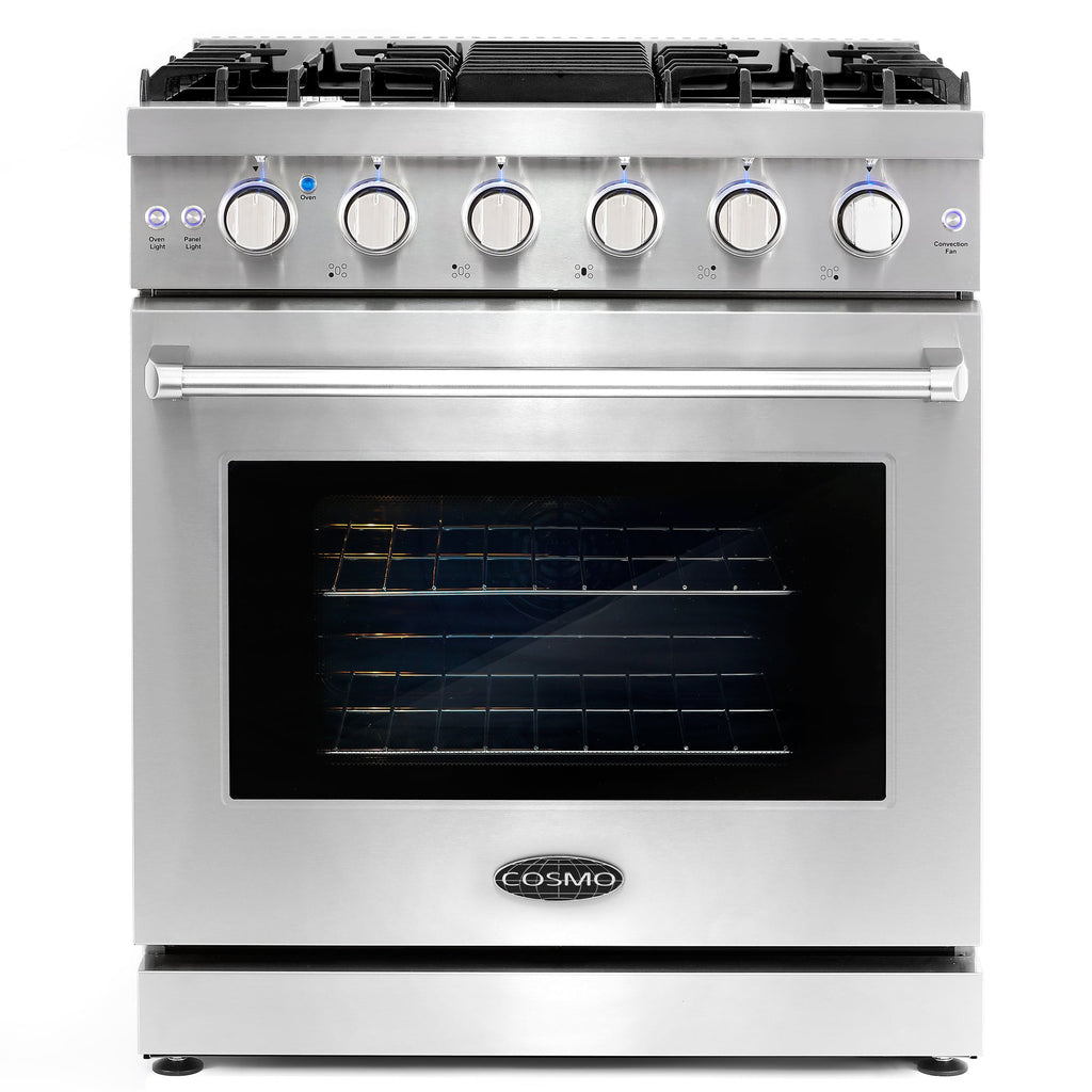 Cosmo 4 Piece Kitchen Appliance Package with 30" Freestanding Gas Range 30" Under Cabinet Range Hood 24" Built-in Integrated Dishwasher & French Door Refrigerator Kitchen Appliance Bundles