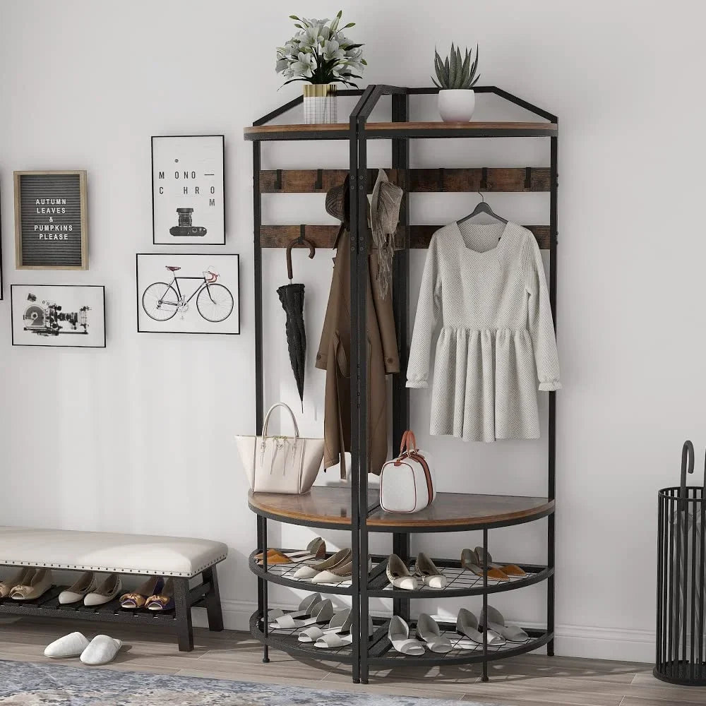 Corner Hall Tree with Shoe Bench Entryway Coat Rack with 10 Metal Movable Hooks Freestanding Clothes Rack Shoes Shelf Organizer for Home Office Bedroom (Rustic Brown)