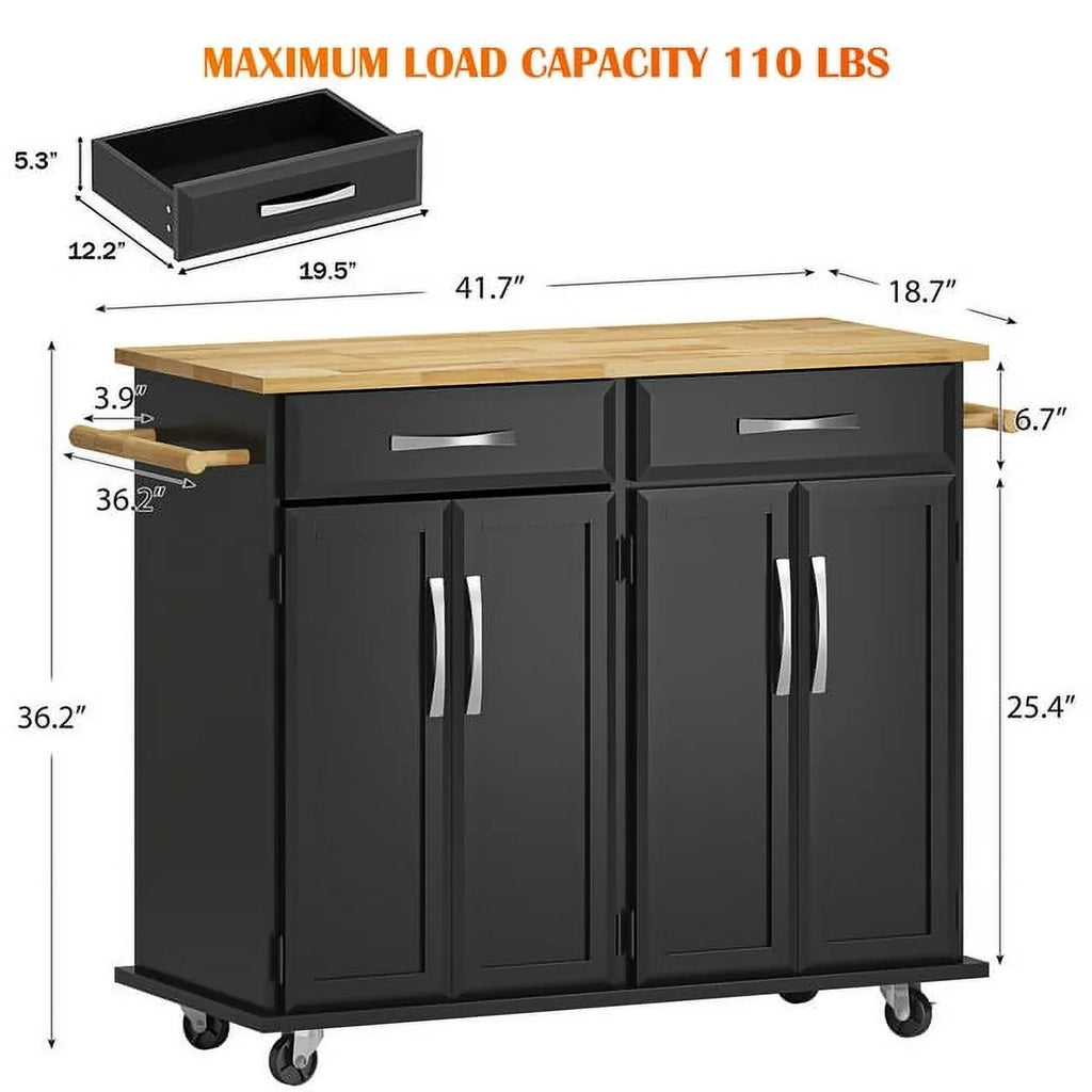 Soges 41.5" Kitchen Island Rolling Island Cart with Hidden Cabinet, Adjustable Shelves, and Towel Rails, Black
