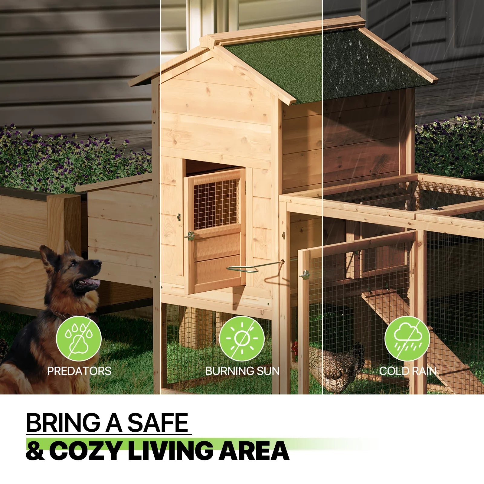 Magshion Outdoor Chicken Coop with Nesting Box, 80 inch Wooden Rabbit Hutch Poultry House with Run Cage, Slide-Out Tray and Waterproof Roof for Garden Backyard, Natural
