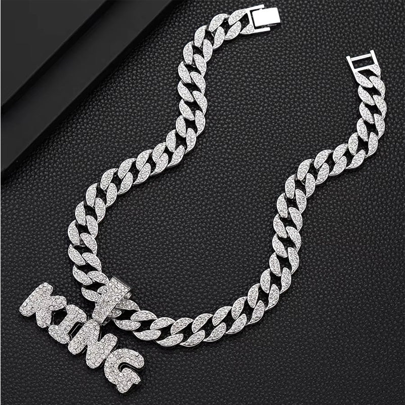 13mm Width Football Pendant Necklace,Full Diamond King Fashion Pendant Necklace, 3D Diamond Gold Zinc Alloy Stainless Steel Religious Zircon